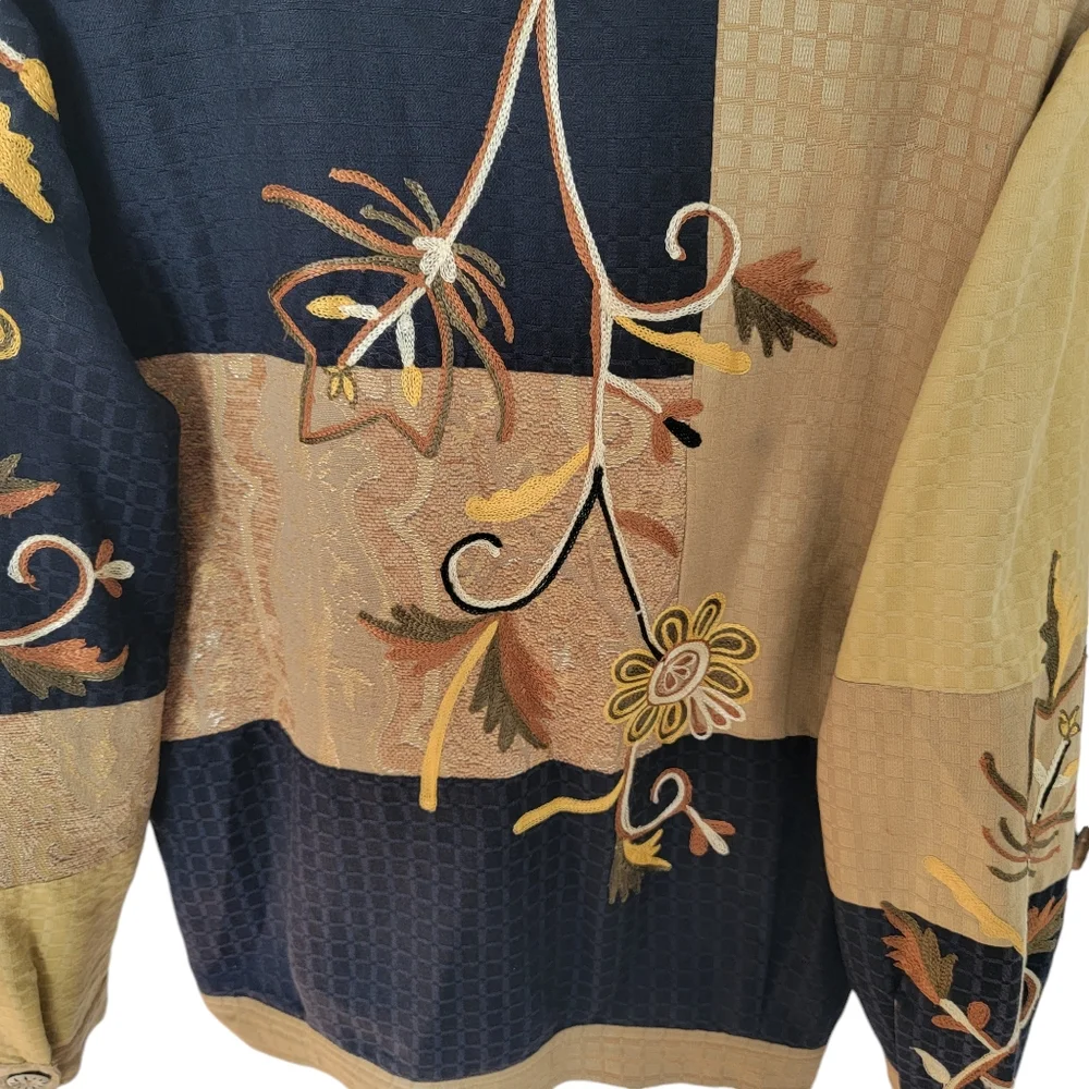 Vintage 90’s Jacket Lagenlook Black Tan Color Block Embroidered Patchwor… - Picture 8 of 16